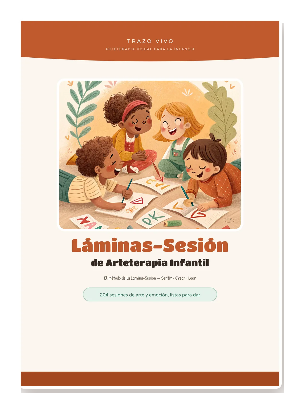 Mockup principal (héroe visual): la colección abierta en la lámina de 'La Rabia' — objetivo emocional + paso a paso ilustrado + clave de lectura. Reaparece en stack/pricing/cierre.